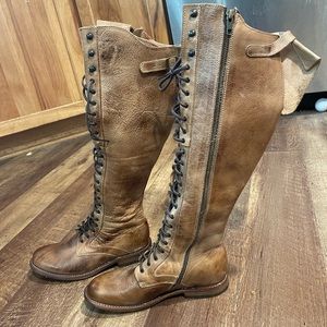 BED STU brown/tan knee high leather boots with laces.